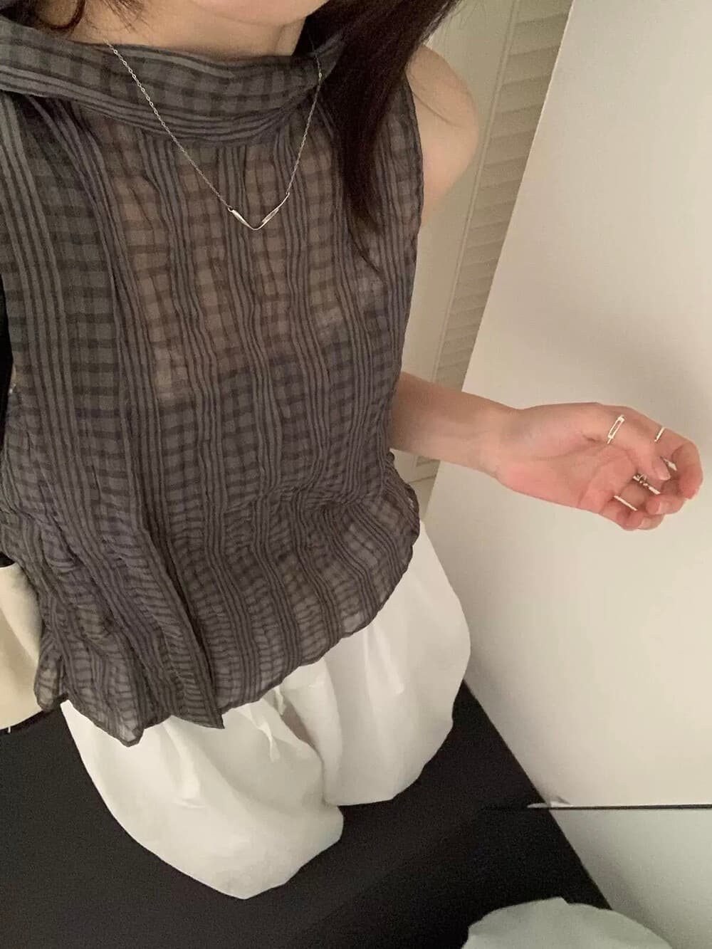chic 한국 스타일 주름 불규칙 체크무늬 레이스 업 셔츠 상세 이미지 8