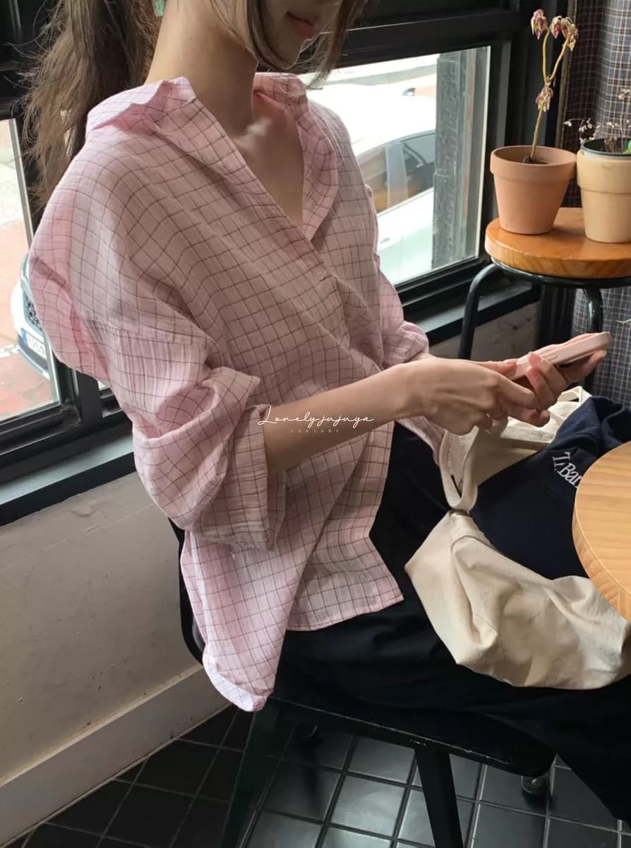 재고 있음 chic. 여름 보 주님 섹션 미니멀리즘 일상 캐주얼 루즈핏 다용도 체크무늬 긴팔 셔츠 이미지 3
