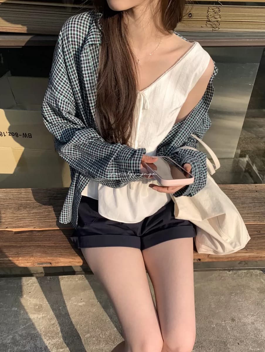 재고 있음 chic. 여름 보 주님 섹션 미니멀리즘 일상 캐주얼 루즈핏 다용도 체크무늬 긴팔 셔츠 이미지 2