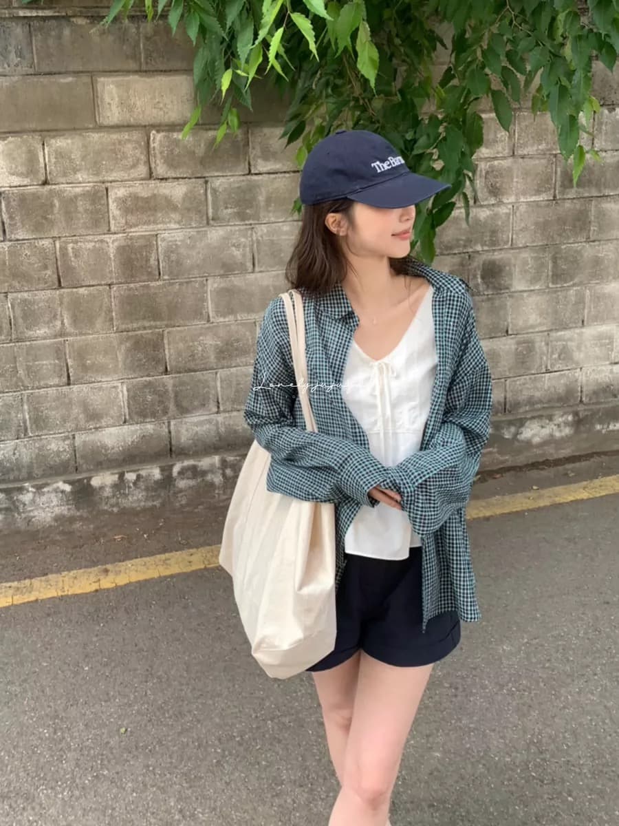 재고 있음 chic. 여름 보 주님 섹션 미니멀리즘 일상 캐주얼 루즈핏 다용도 체크무늬 긴팔 셔츠 이미지 4