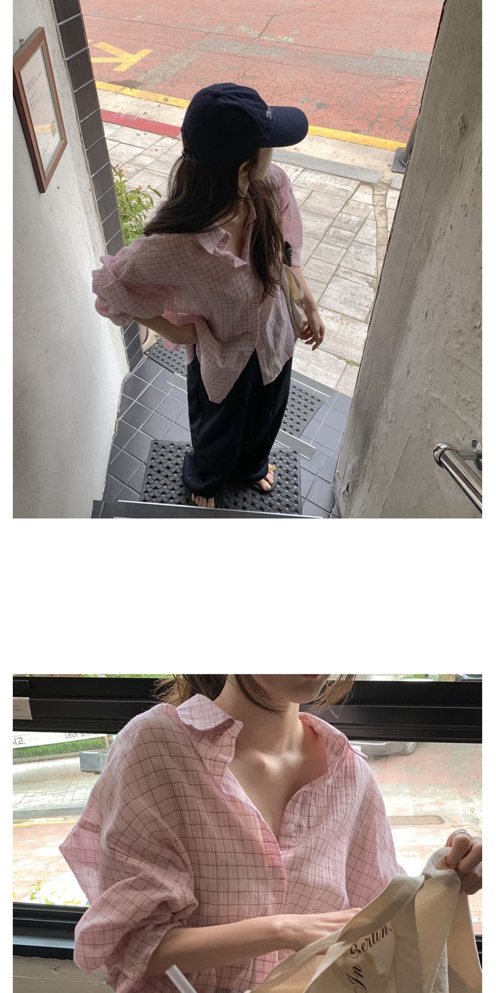 재고 있음 chic. 여름 보 주님 섹션 미니멀리즘 일상 캐주얼 루즈핏 다용도 체크무늬 긴팔 셔츠 상세 이미지 2