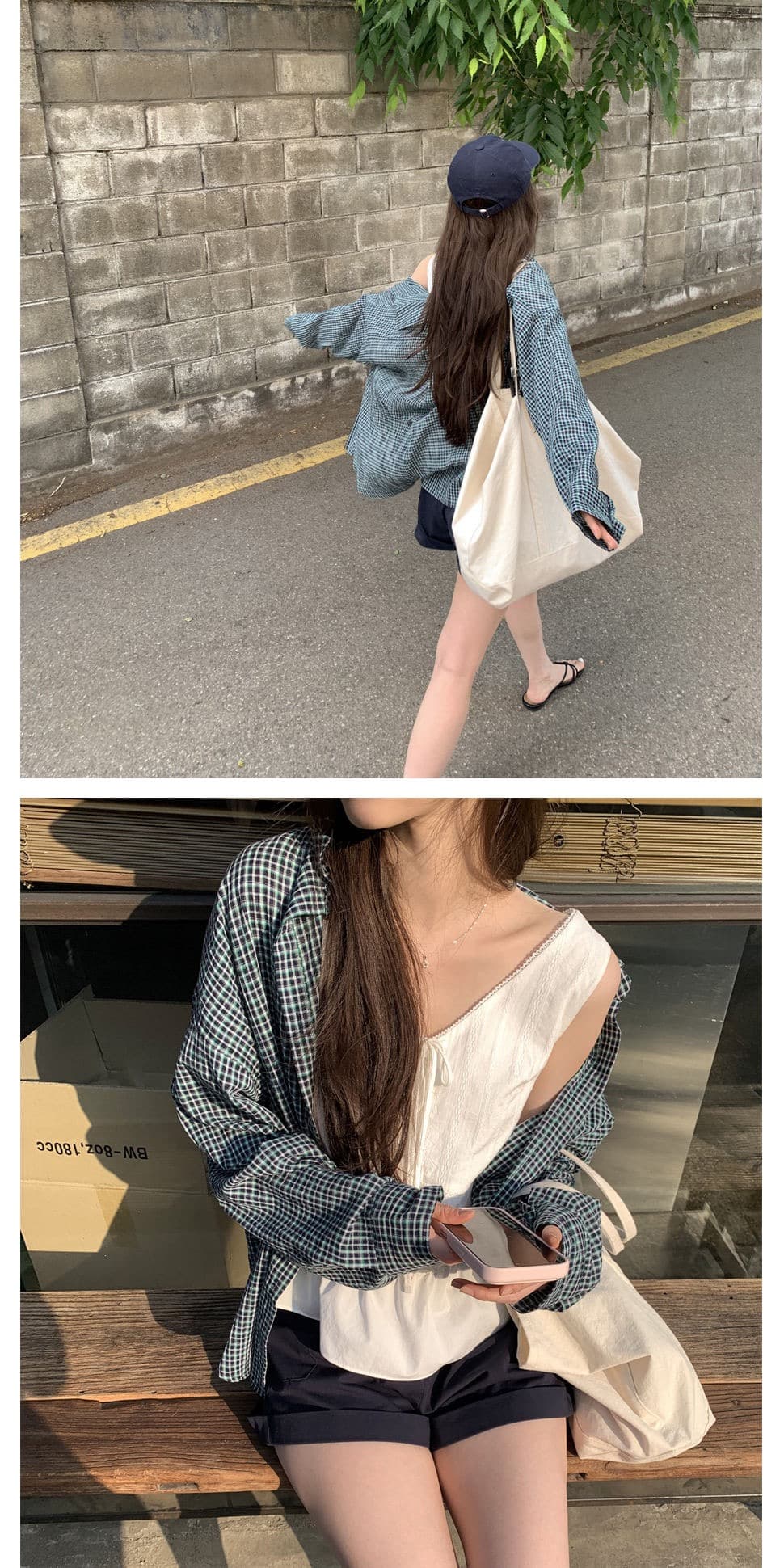 재고 있음 chic. 여름 보 주님 섹션 미니멀리즘 일상 캐주얼 루즈핏 다용도 체크무늬 긴팔 셔츠 상세 이미지 9