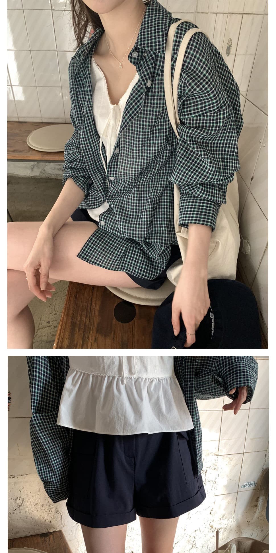 재고 있음 chic. 여름 보 주님 섹션 미니멀리즘 일상 캐주얼 루즈핏 다용도 체크무늬 긴팔 셔츠 상세 이미지 16