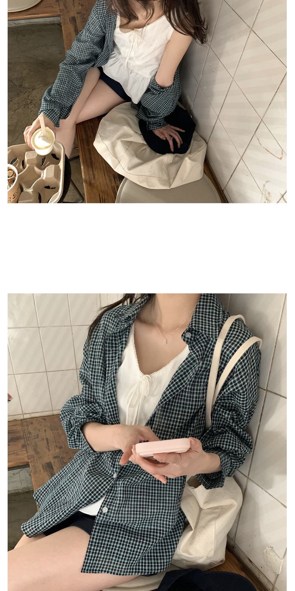 재고 있음 chic. 여름 보 주님 섹션 미니멀리즘 일상 캐주얼 루즈핏 다용도 체크무늬 긴팔 셔츠 상세 이미지 24