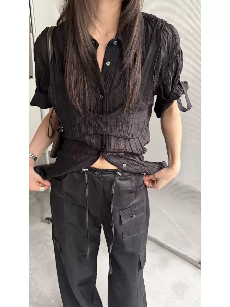 재고 있음 주름 질감 센스 슬림해 보이는 디자인 센스 반팔 여성 셔츠 고급 센스 폴로 칼라 투피스 세트 상세 이미지 22