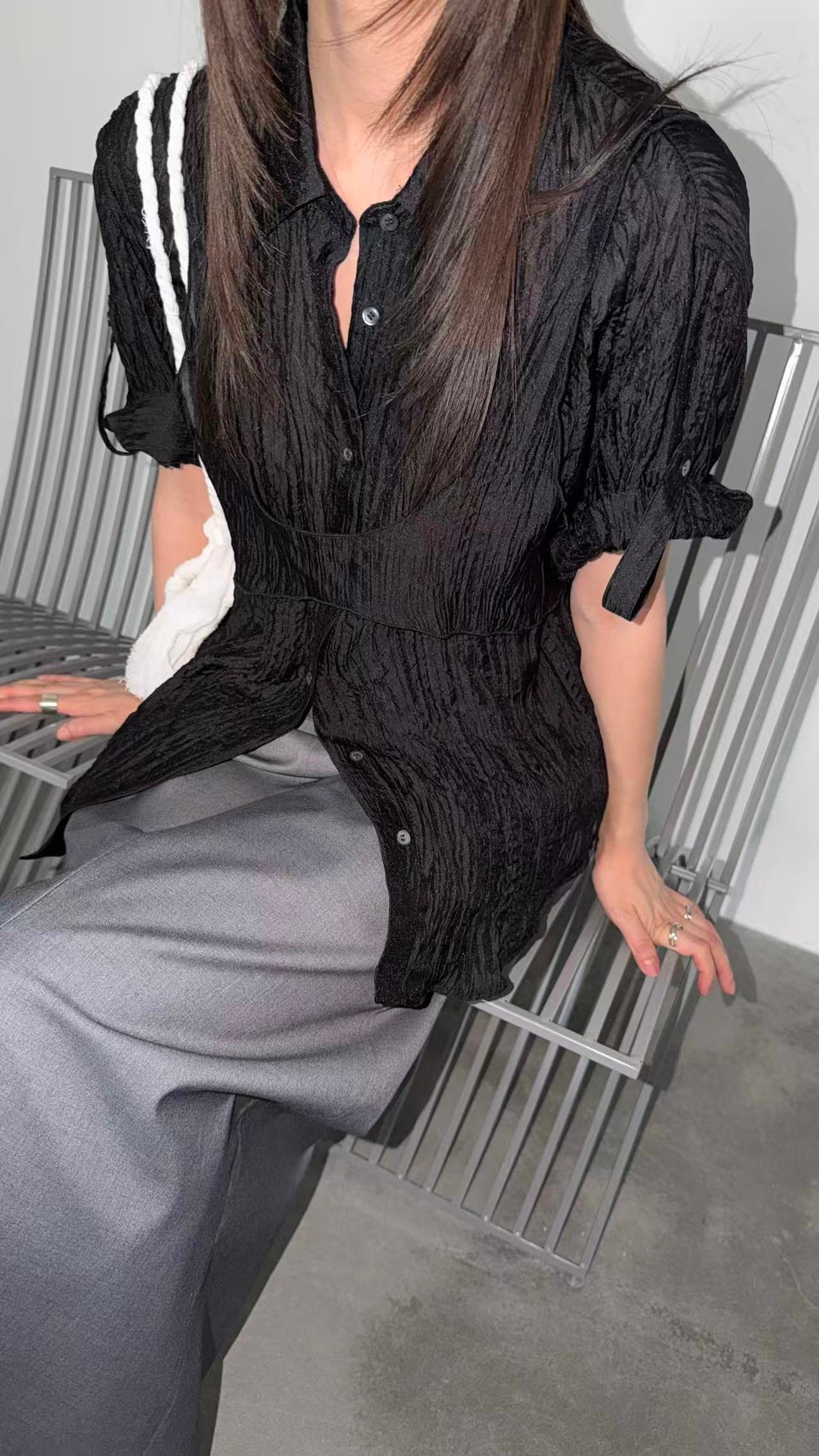 재고 있음 주름 질감 센스 슬림해 보이는 디자인 센스 반팔 여성 셔츠 고급 센스 폴로 칼라 투피스 세트 상세 이미지 27