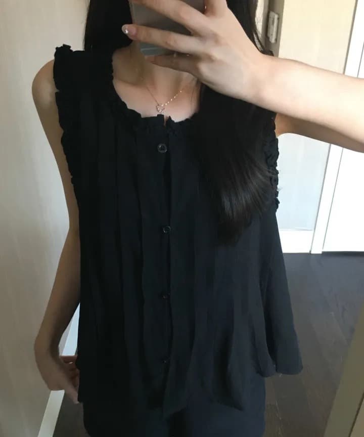 있음 선적 chic 여름 다용도 화이트 레이스 민소매 작은 셔츠 레트로 플리츠 셔츠 이미지 2
