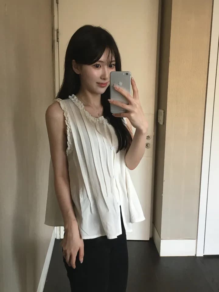 있음 선적 chic 여름 다용도 화이트 레이스 민소매 작은 셔츠 레트로 플리츠 셔츠 이미지 3