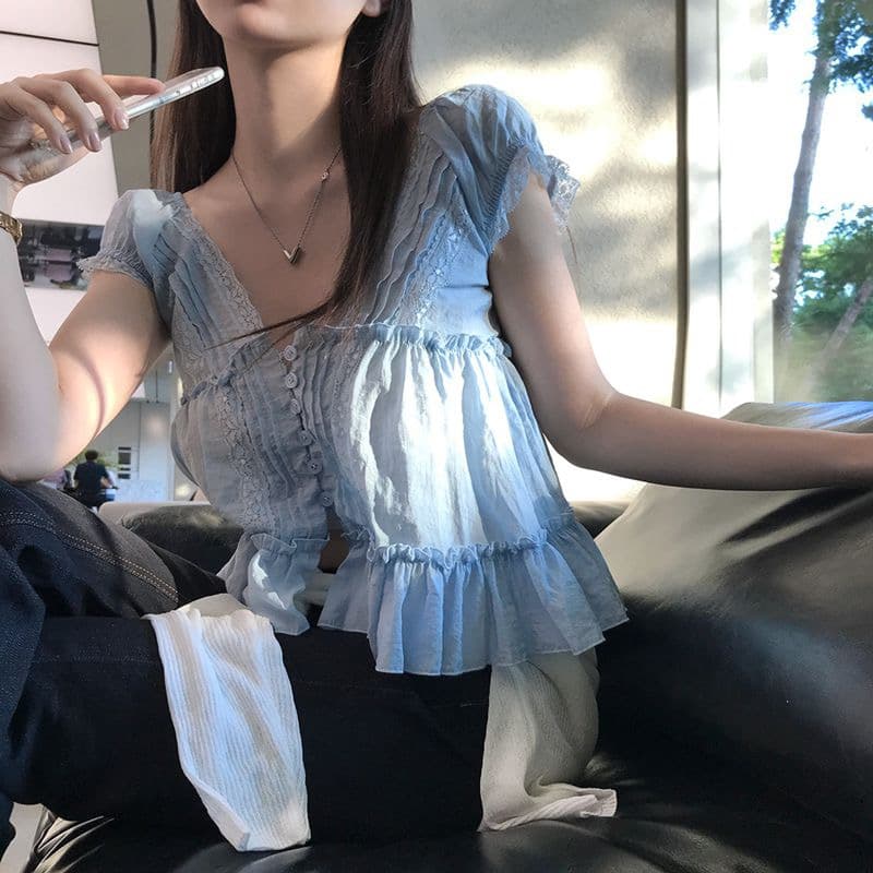 한 부서 chicv 칼라 레이스 조각 거품 소매 셔츠 상세 이미지 7