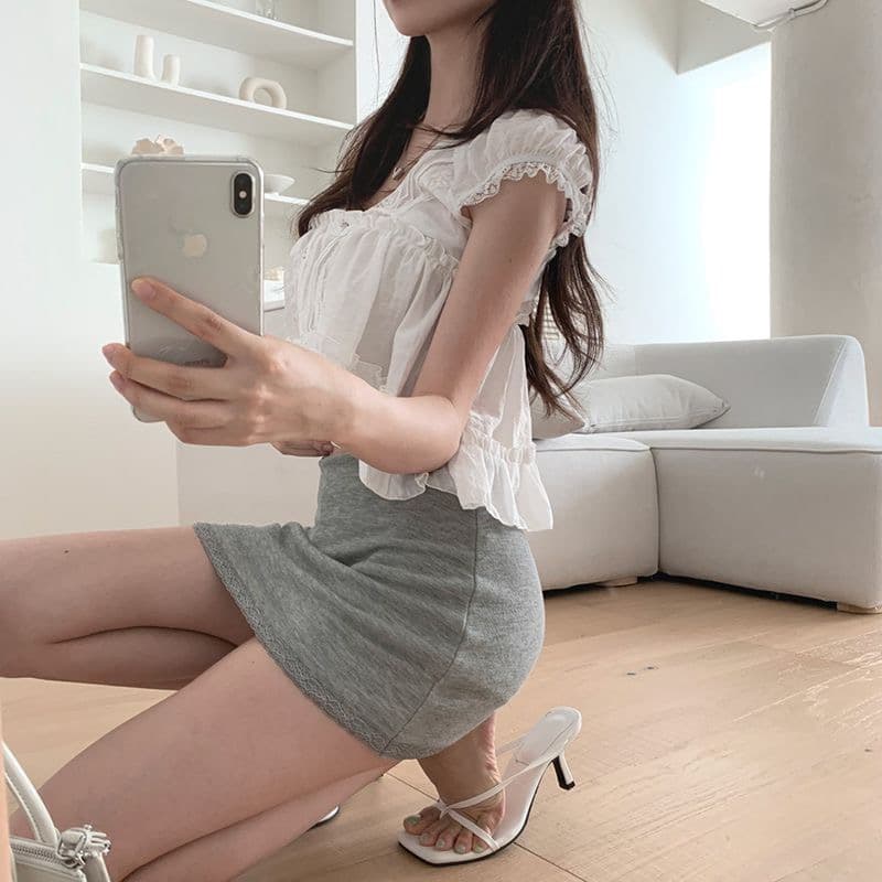 한 부서 chicv 칼라 레이스 조각 거품 소매 셔츠 상세 이미지 22