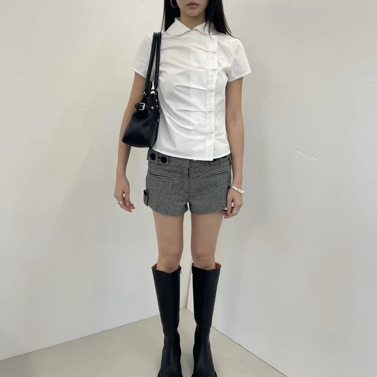 재고 있음 chic 여름 측면 단추 열기 아크 폴로 칼라 반팔 셔츠 2 색 상세 이미지 8