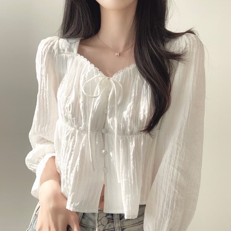 재고 있음 chic 품격 V넥 레이스업 허리 수축 맨위 쇼트 스타일 루즈핏 긴팔 셔츠 상세 이미지 1
