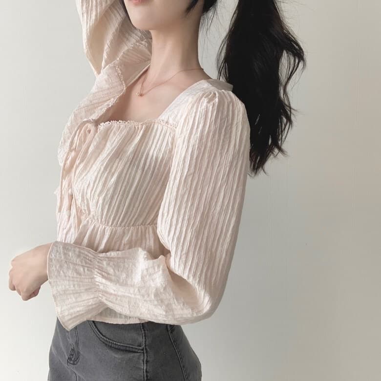 재고 있음 chic 품격 V넥 레이스업 허리 수축 맨위 쇼트 스타일 루즈핏 긴팔 셔츠 상세 이미지 14