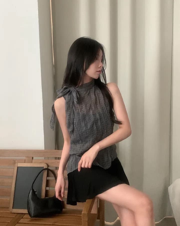 재고 있음 chic 한국 스타일 주름 불규칙 체크무늬 레이스 업 셔츠 상세 이미지 16