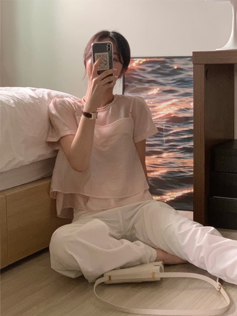 있음 선적 프랑스식 부드러운 바람 라운드 넥 스택 착용 디자인 투피스 세트 거품 소매 질감 센스 쉬폰 톱 상세 이미지 8