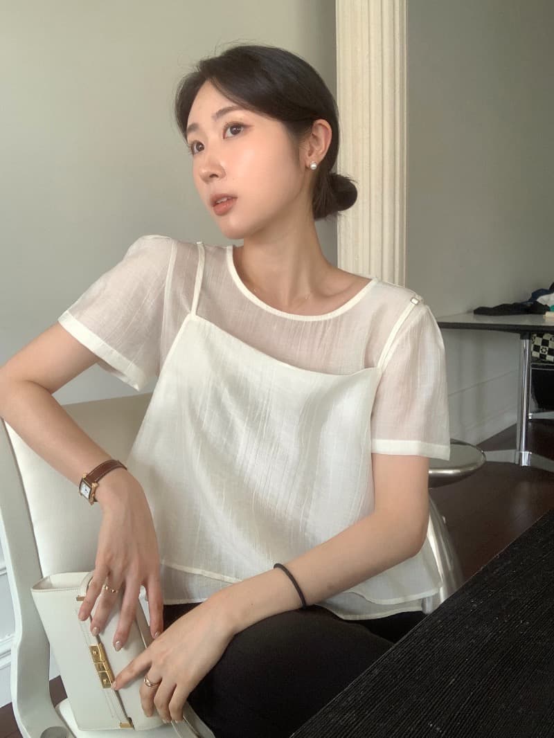 있음 선적 프랑스식 부드러운 바람 라운드 넥 스택 착용 디자인 투피스 세트 거품 소매 질감 센스 쉬폰 톱 상세 이미지 13