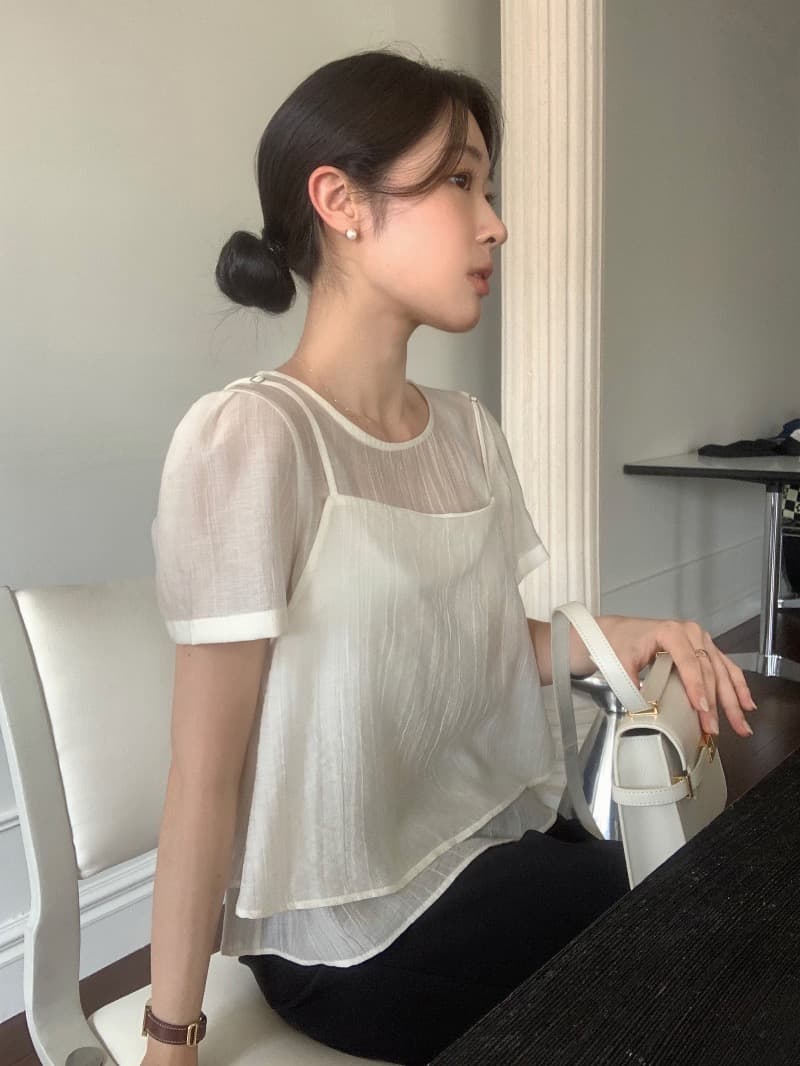 있음 선적 프랑스식 부드러운 바람 라운드 넥 스택 착용 디자인 투피스 세트 거품 소매 질감 센스 쉬폰 톱 상세 이미지 15