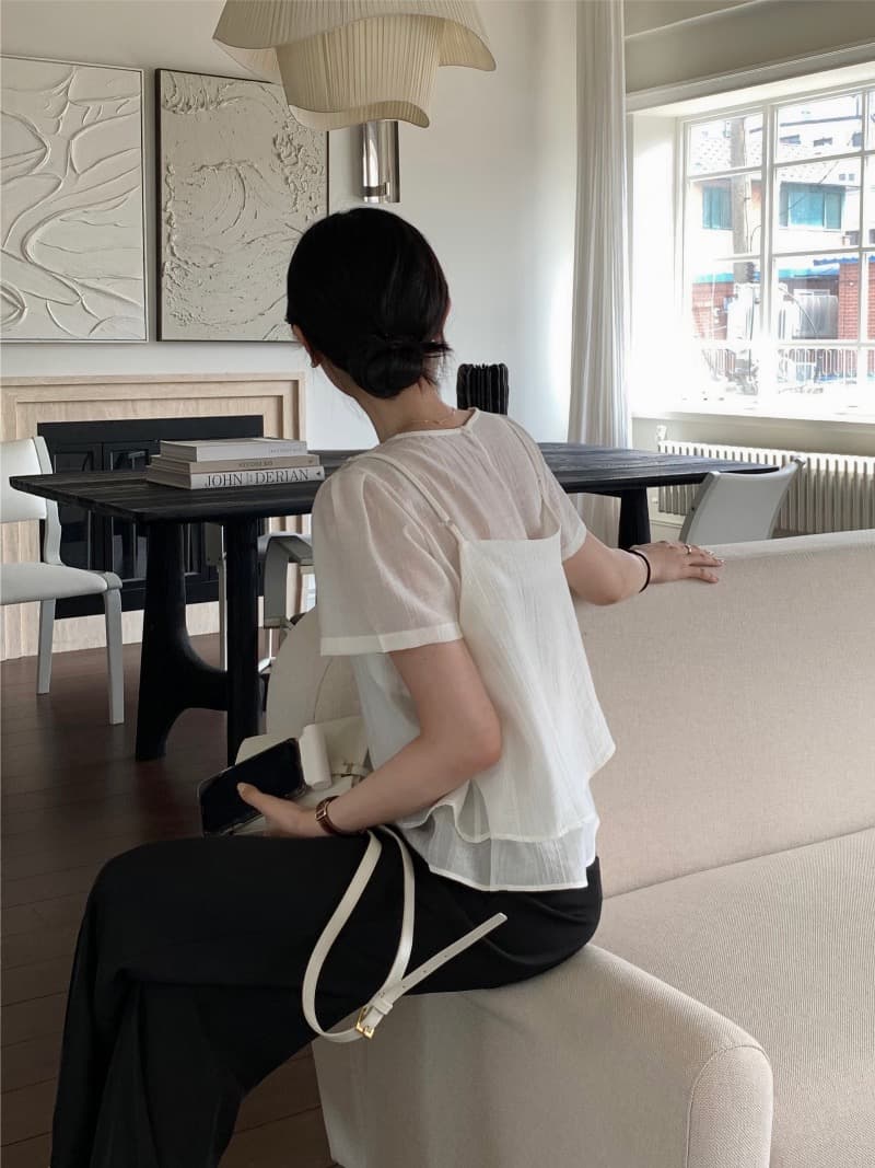 있음 선적 프랑스식 부드러운 바람 라운드 넥 스택 착용 디자인 투피스 세트 거품 소매 질감 센스 쉬폰 톱 상세 이미지 17