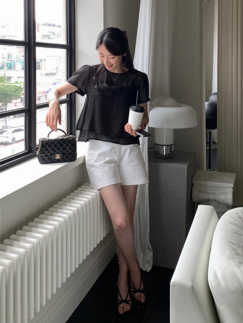 있음 선적 프랑스식 부드러운 바람 라운드 넥 스택 착용 디자인 투피스 세트 거품 소매 질감 센스 쉬폰 톱 상세 이미지 25