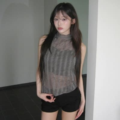한국 ins 레트로 스탠드 칼라 행침 목 나비 매듭 스트랩 질감 센스 주름 체크무늬 민소매 셔츠 상세 이미지 14