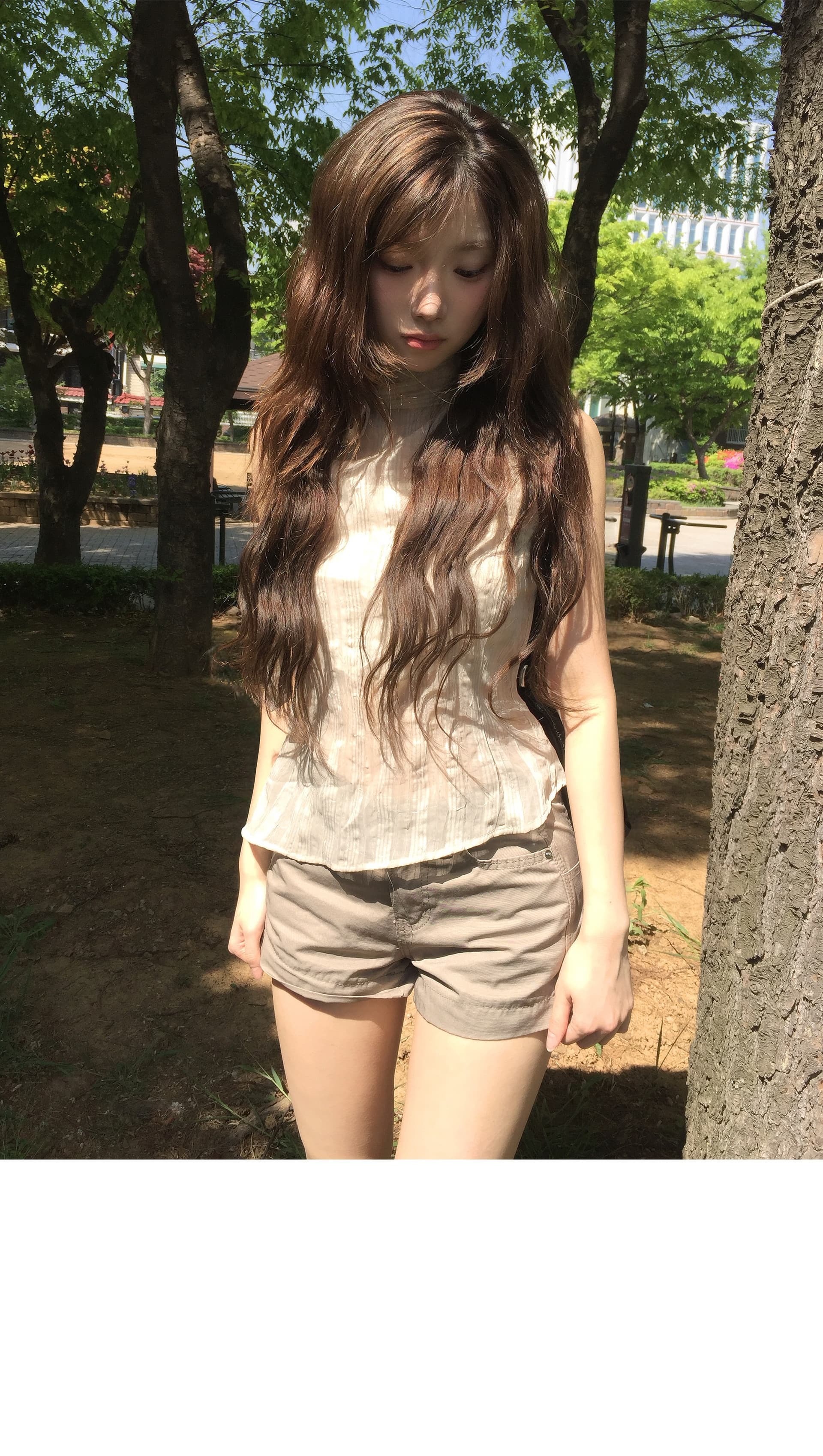 한국 ins 레트로 스탠드 칼라 행침 목 나비 매듭 스트랩 질감 센스 주름 체크무늬 민소매 셔츠 상세 이미지 15