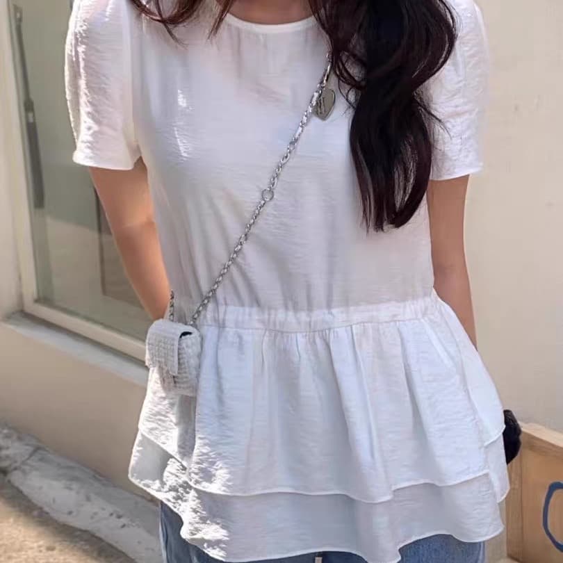 재고 있음 한국 ins 라운드 넥 주름 거품 소매 이중층 프릴 셔츠 이미지 3