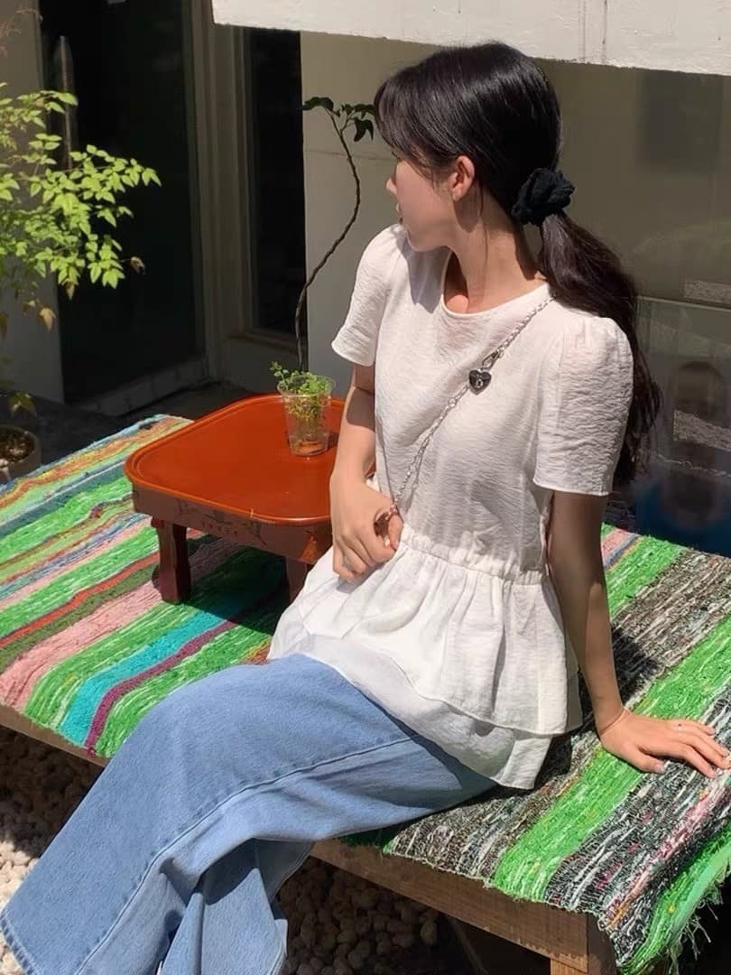 재고 있음 한국 ins 라운드 넥 주름 거품 소매 이중층 프릴 셔츠 상세 이미지 10