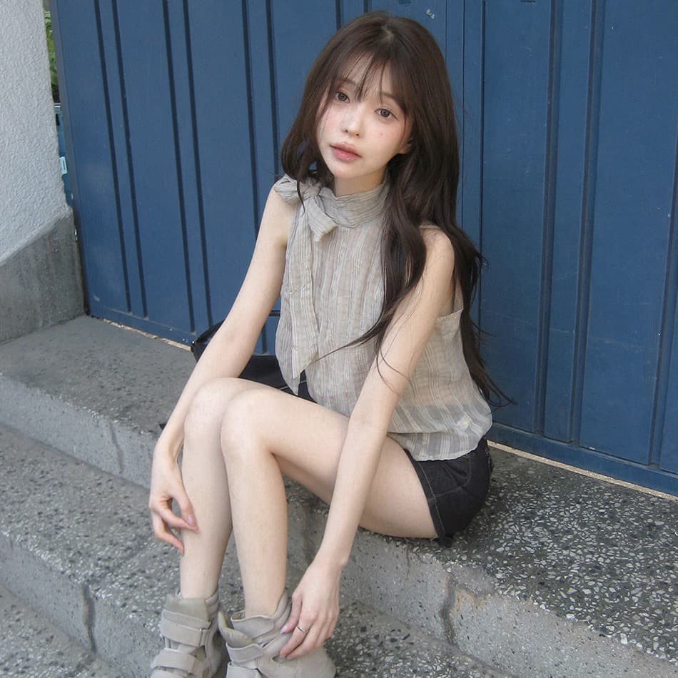 chic 한국 스타일 주름 불규칙 체크무늬 레이스 업 셔츠 이미지 2