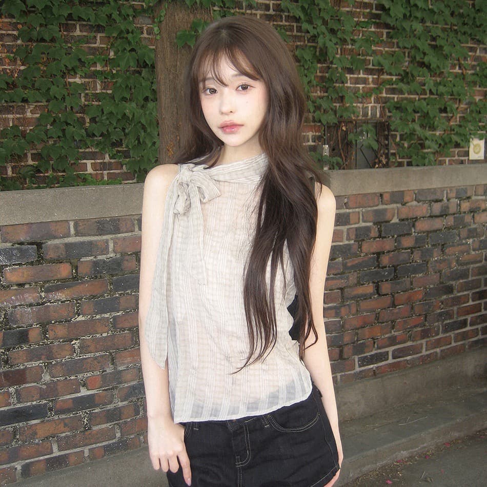 chic 한국 스타일 주름 불규칙 체크무늬 레이스 업 셔츠 이미지 3