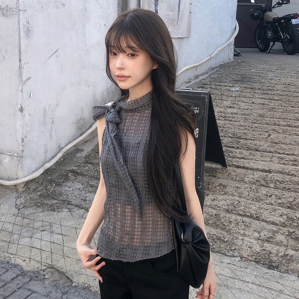 chic 한국 스타일 주름 불규칙 체크무늬 레이스 업 셔츠 이미지 4