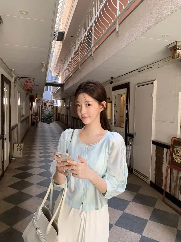 재고 있음 chic 이른 가을 품격 부드러운 바람 레이스 측면 쇼트 스타일 7부 소매 셔츠 상세 이미지 8