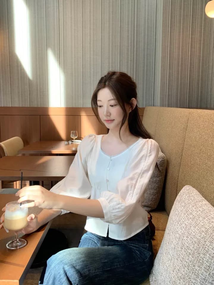 재고 있음 chic 이른 가을 품격 부드러운 바람 레이스 측면 쇼트 스타일 7부 소매 셔츠 상세 이미지 9