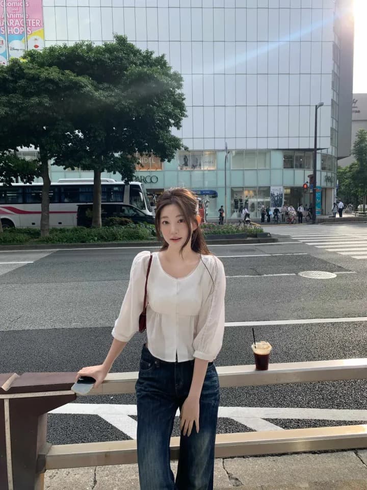 재고 있음 chic 이른 가을 품격 부드러운 바람 레이스 측면 쇼트 스타일 7부 소매 셔츠 상세 이미지 10