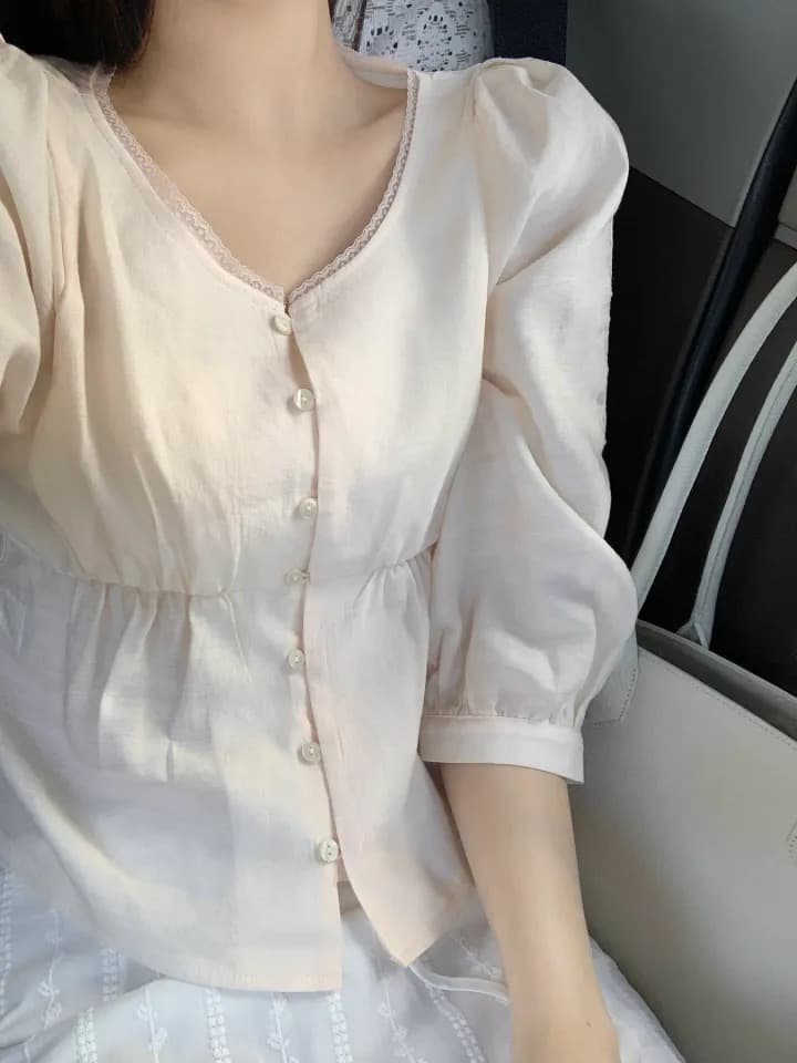 재고 있음 chic 이른 가을 품격 부드러운 바람 레이스 측면 쇼트 스타일 7부 소매 셔츠 상세 이미지 21
