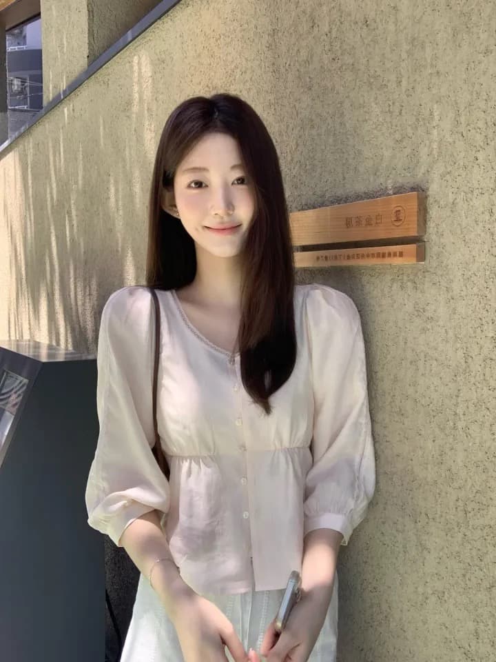 재고 있음 chic 이른 가을 품격 부드러운 바람 레이스 측면 쇼트 스타일 7부 소매 셔츠 상세 이미지 22