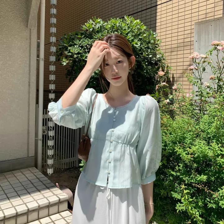 재고 있음 chic 이른 가을 품격 부드러운 바람 레이스 측면 쇼트 스타일 7부 소매 셔츠 상세 이미지 26