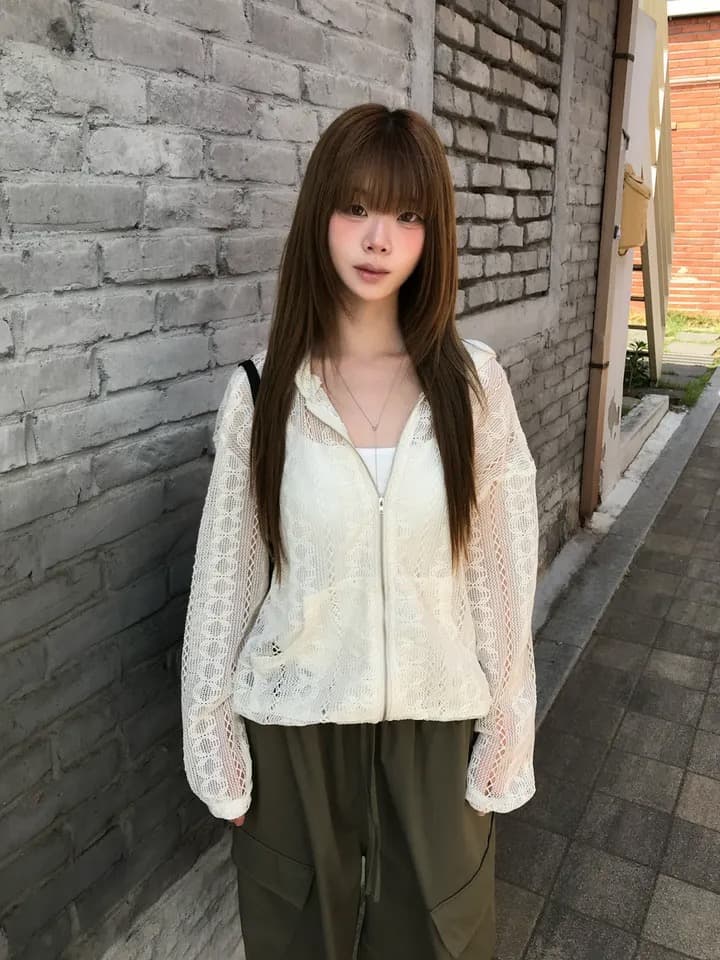 있음 선적 새로운 작은 대중 연령 감소 홀로우 아웃 자카드 펌프 로프 후드 레이스 재킷 상세 이미지 3