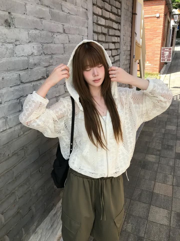 있음 선적 새로운 작은 대중 연령 감소 홀로우 아웃 자카드 펌프 로프 후드 레이스 재킷 상세 이미지 5
