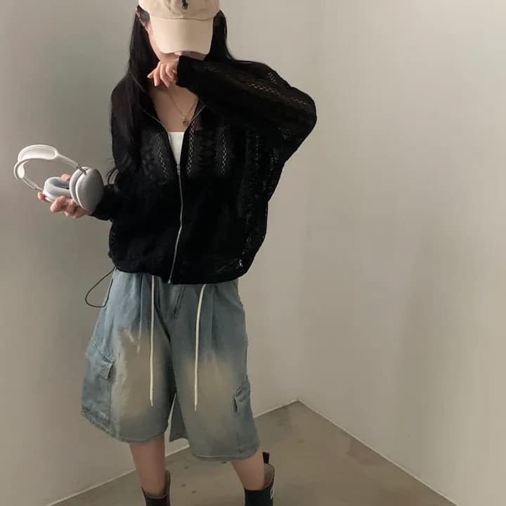있음 선적 새로운 작은 대중 연령 감소 홀로우 아웃 자카드 펌프 로프 후드 레이스 재킷 상세 이미지 18