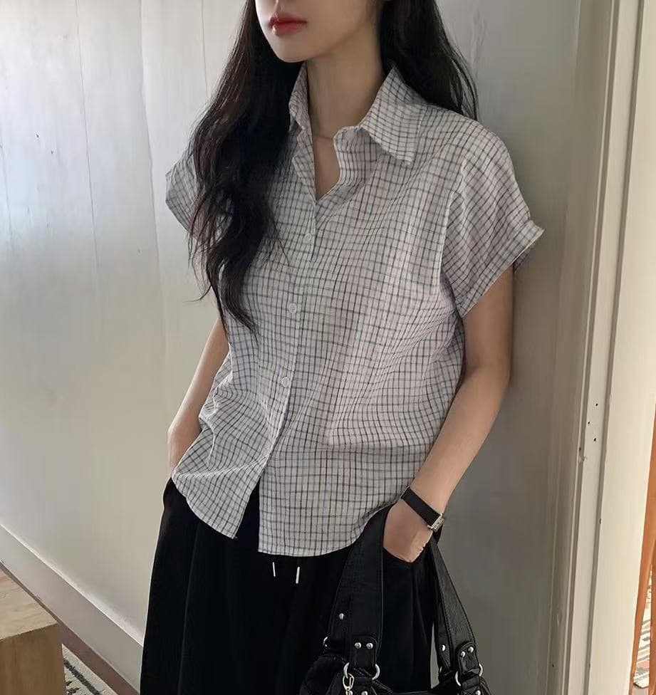 재고 있음 chic 루즈핏 탑 옷깃 볼륨 측면 가을 어깨 소매 반팔 격자 무늬 셔츠 이미지 3