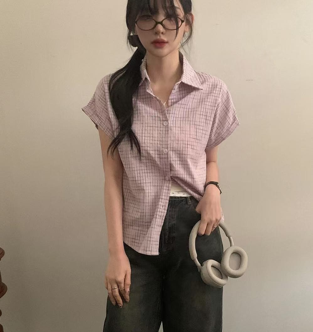 재고 있음 chic 루즈핏 탑 옷깃 볼륨 측면 가을 어깨 소매 반팔 격자 무늬 셔츠 이미지 4