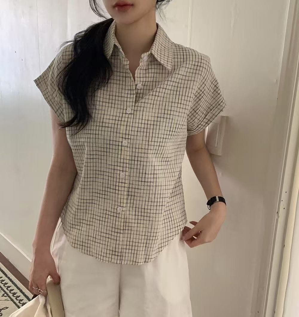 재고 있음 chic 루즈핏 탑 옷깃 볼륨 측면 가을 어깨 소매 반팔 격자 무늬 셔츠 이미지 2