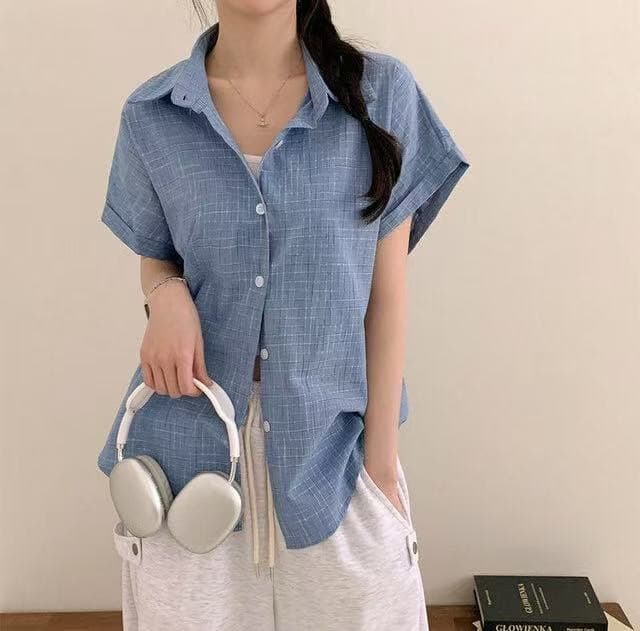재고 있음 chic 루즈핏 탑 옷깃 볼륨 측면 가을 어깨 소매 반팔 격자 무늬 셔츠 상세 이미지 2