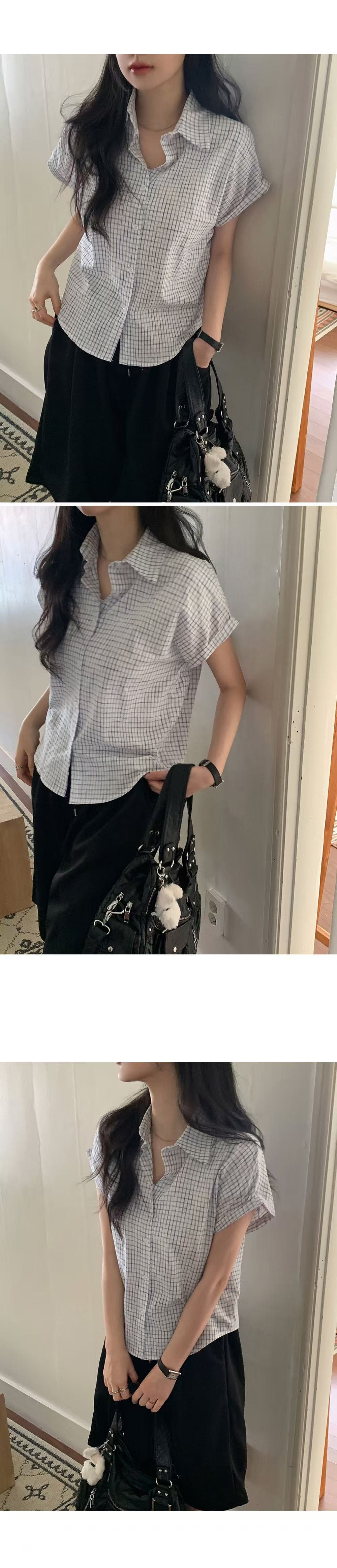 재고 있음 chic 루즈핏 탑 옷깃 볼륨 측면 가을 어깨 소매 반팔 격자 무늬 셔츠 상세 이미지 5