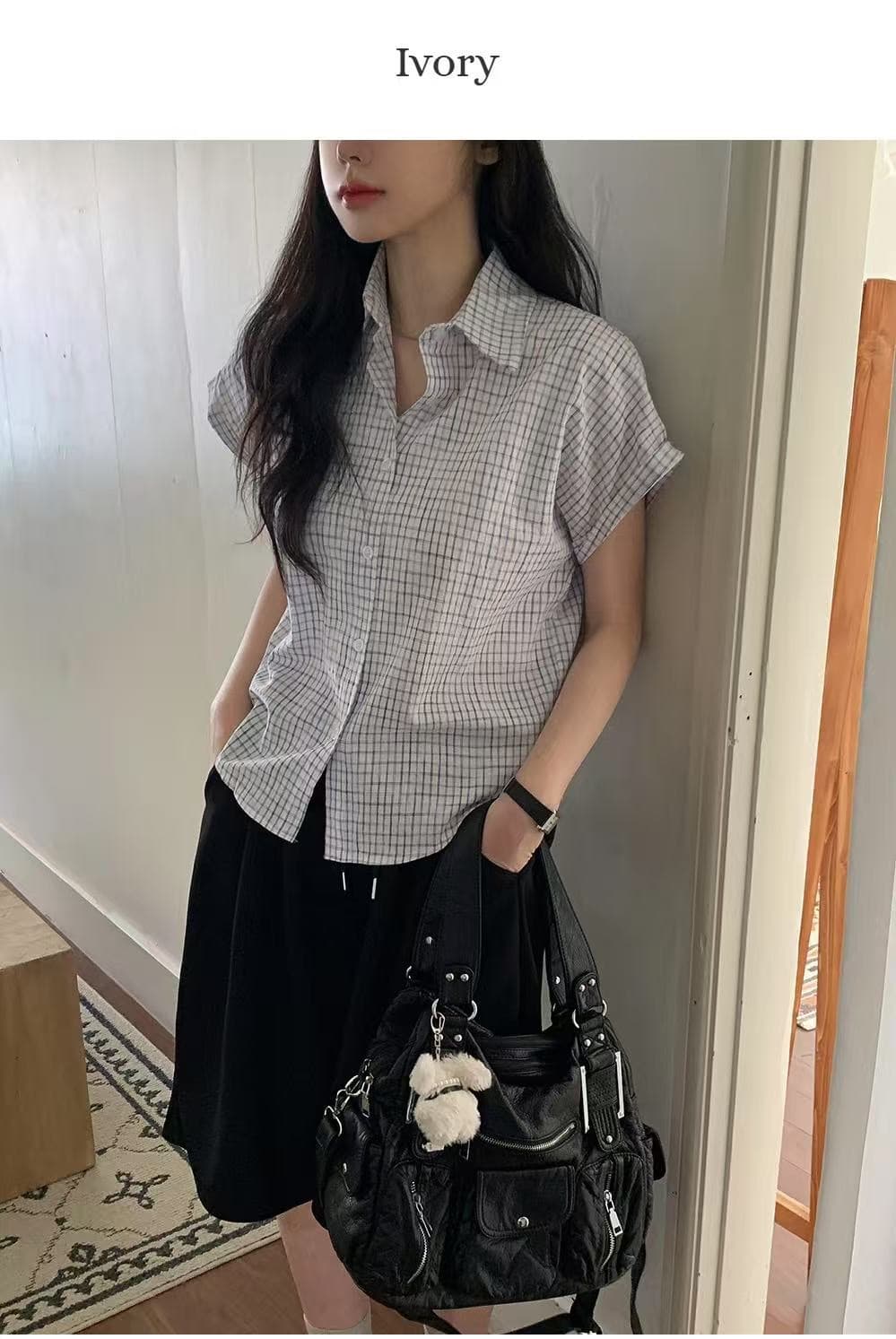 재고 있음 chic 루즈핏 탑 옷깃 볼륨 측면 가을 어깨 소매 반팔 격자 무늬 셔츠 상세 이미지 6