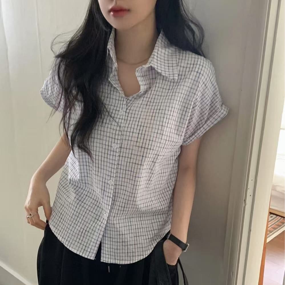 재고 있음 chic 루즈핏 탑 옷깃 볼륨 측면 가을 어깨 소매 반팔 격자 무늬 셔츠 상세 이미지 7