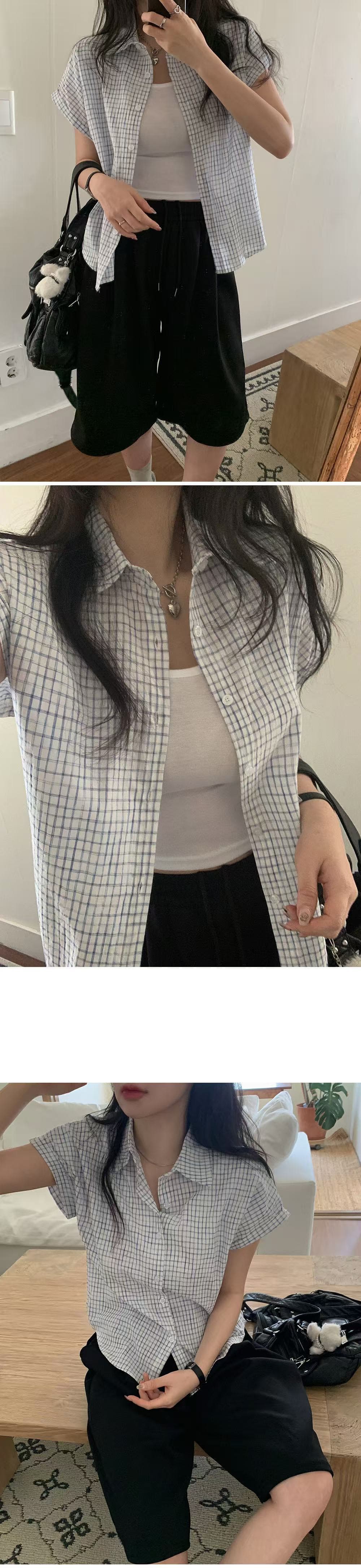 재고 있음 chic 루즈핏 탑 옷깃 볼륨 측면 가을 어깨 소매 반팔 격자 무늬 셔츠 상세 이미지 8