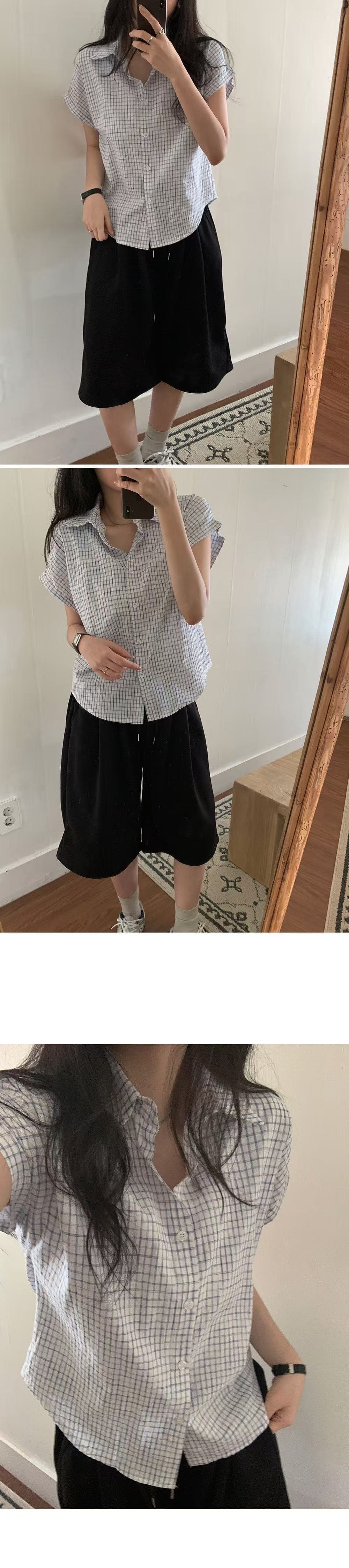 재고 있음 chic 루즈핏 탑 옷깃 볼륨 측면 가을 어깨 소매 반팔 격자 무늬 셔츠 상세 이미지 9