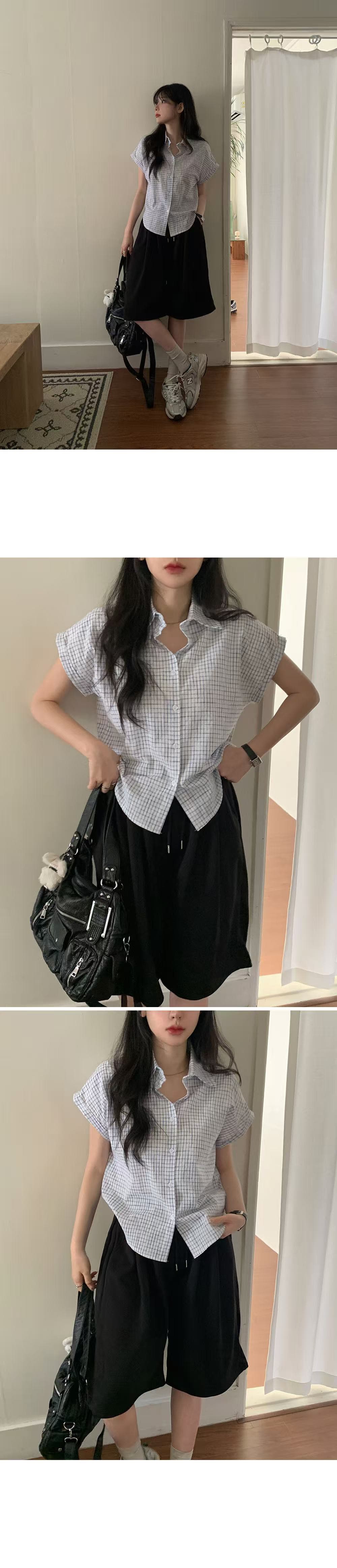 재고 있음 chic 루즈핏 탑 옷깃 볼륨 측면 가을 어깨 소매 반팔 격자 무늬 셔츠 상세 이미지 10