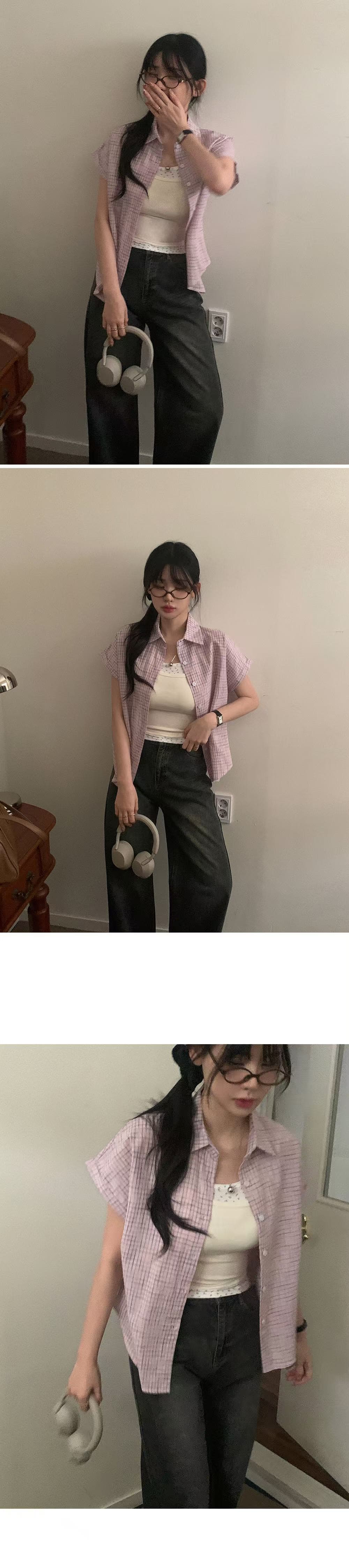 재고 있음 chic 루즈핏 탑 옷깃 볼륨 측면 가을 어깨 소매 반팔 격자 무늬 셔츠 상세 이미지 11